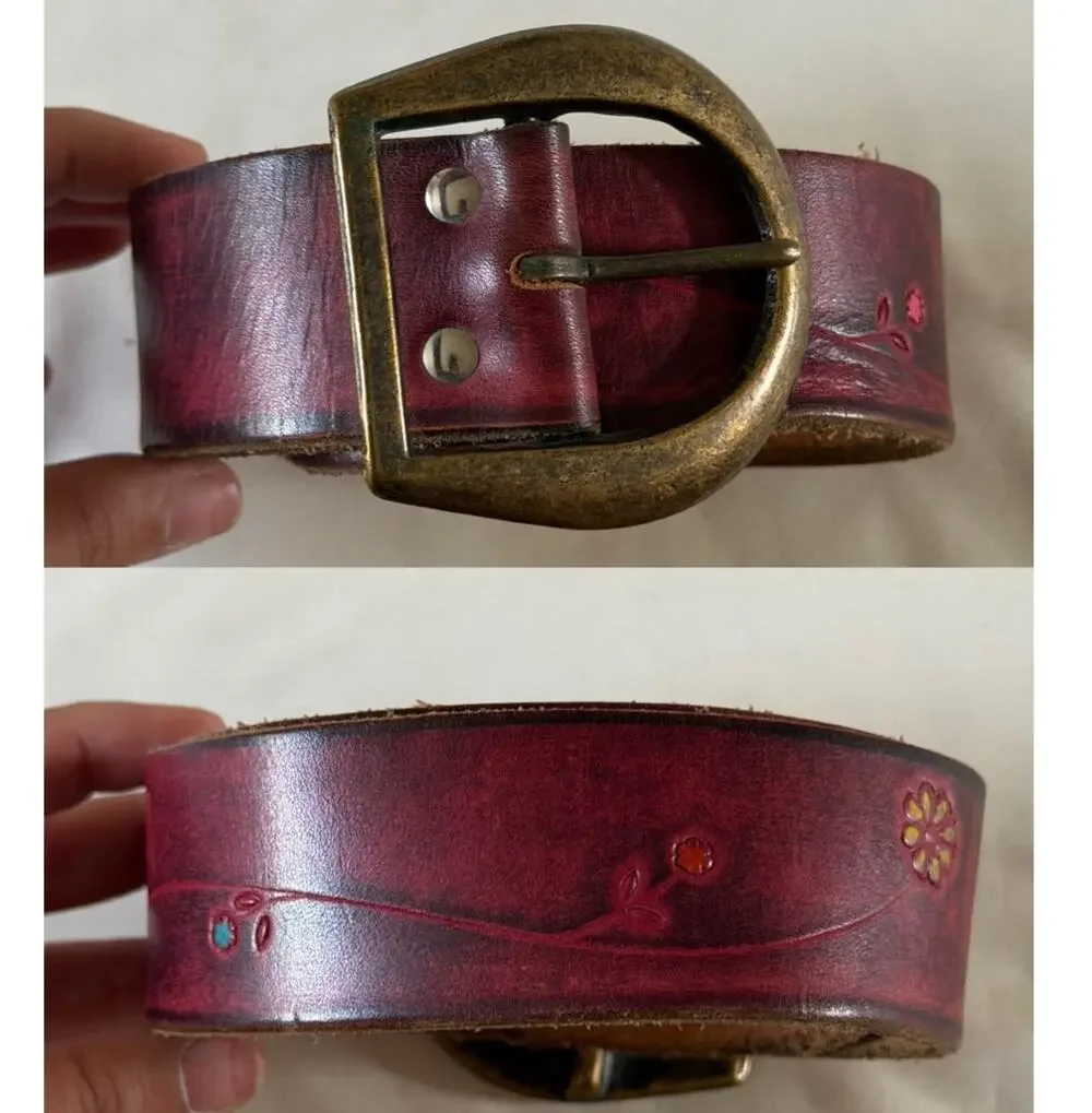 Pink Genuine Leather Floral Detail Belt Boho Artsy Sz 28 S